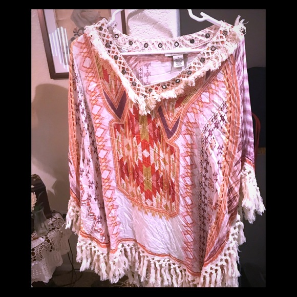 Poncho fringe boho chic top - Picture 1 of 6